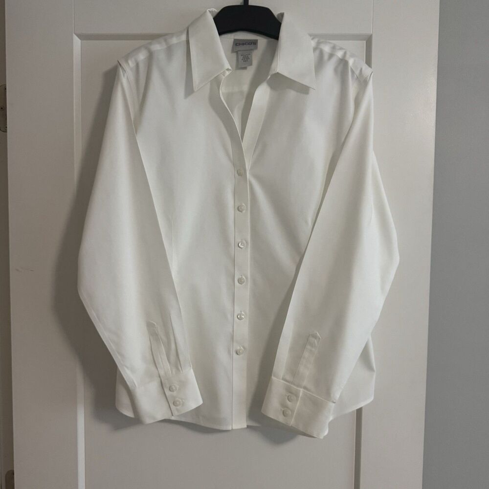 Chico’s No Iron Stretch Shirt Long Sleeve Optic White Size 2 (12/14-Large)